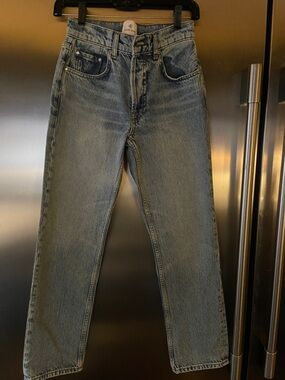 Anine Bing med wash jeans button fly high rise.